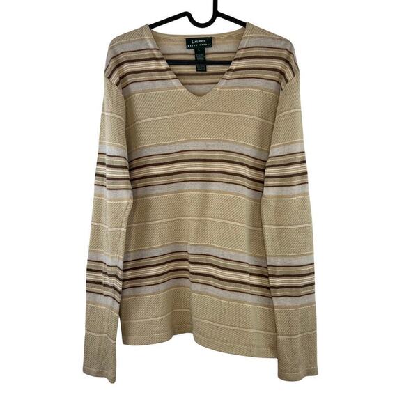 Vintage Y2K Ralph Lauren LRL Tan Brown Striped Linen Blend Sweater Large Western - Picture 1 of 6